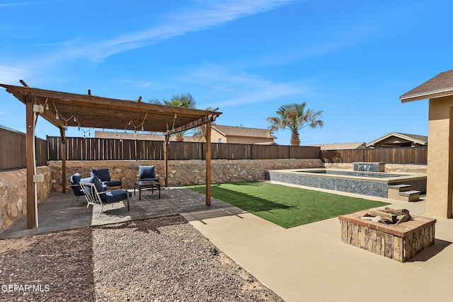view of yard with an outdoor living space with a fire pit, a patio, a pergola, and a fenced backyard