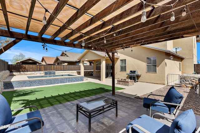 view of patio / terrace featuring grilling area, a fenced backyard, an in ground hot tub, and a fenced in pool