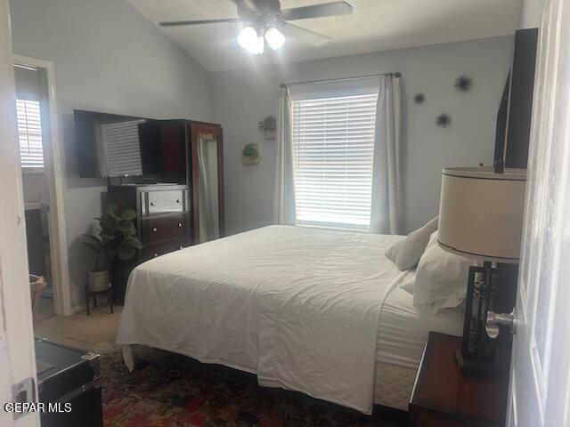 bedroom with a ceiling fan and vaulted ceiling
