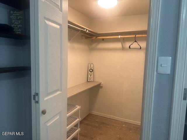 walk in closet with wood finished floors