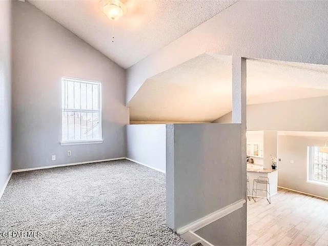additional living space featuring baseboards, plenty of natural light, vaulted ceiling, and a textured ceiling
