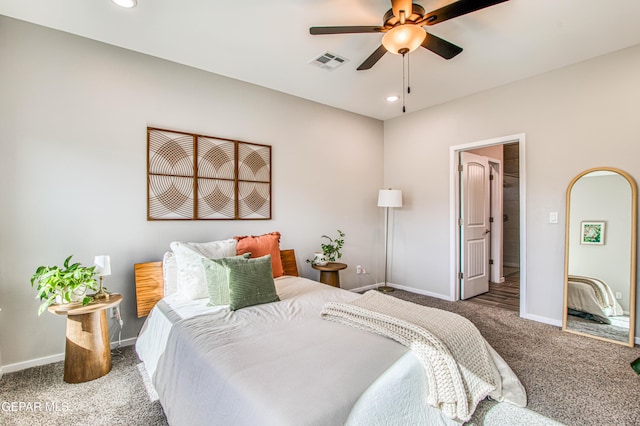 bedroom with recessed lighting, baseboards, visible vents, and carpet