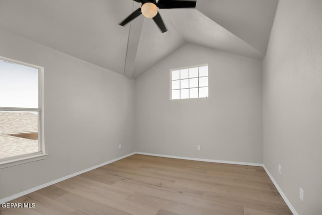 12617 Sun Spirit Dr, El Paso, TX 79938 - empty room featuring ceiling fan, light wood-type flooring, lofted ceiling, and baseboards