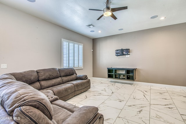 living room with ceiling fan, marble finish floor, recessed lighting, baseboards, and visible vents