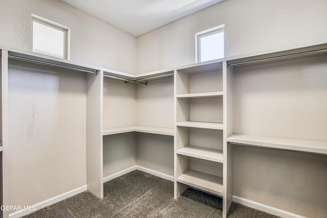 spacious closet featuring dark carpet