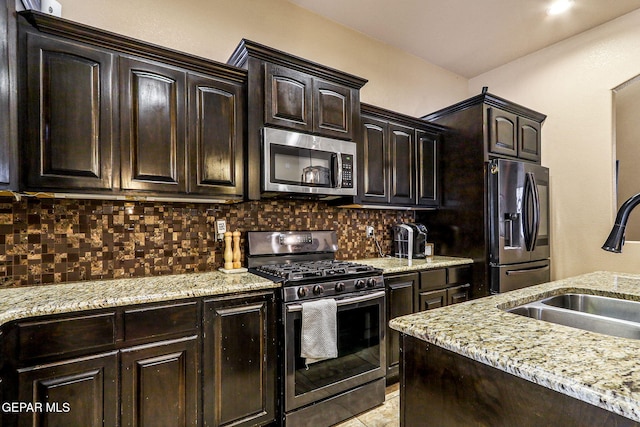kitchen featuring backsplash, appliances with stainless steel finishes, dark brown cabinetry, and a sink