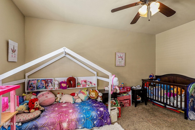 bedroom featuring carpet flooring and ceiling fan