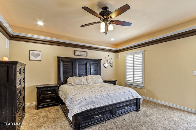 carpeted bedroom featuring baseboards, recessed lighting, and ceiling fan