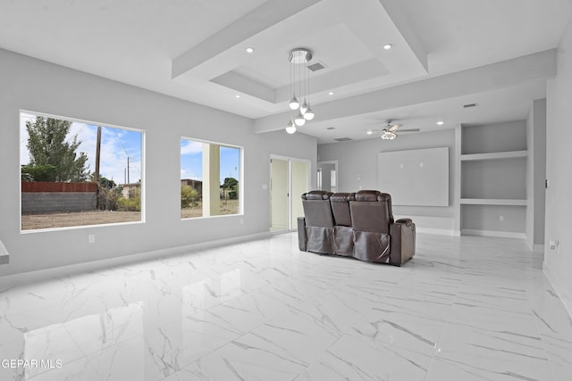 478 Sylvia Ct, Socorro, TX 79927 - unfurnished living room featuring recessed lighting, built in shelves, marble look tile flooring, a raised ceiling, and a ceiling fan