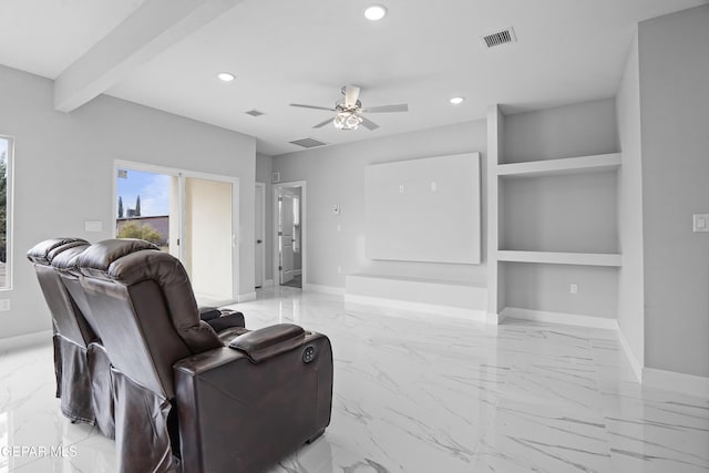 478 Sylvia Ct, Socorro, TX 79927 - living room featuring recessed lighting, light marble finish floors, a ceiling fan, built in shelves, and beam ceiling