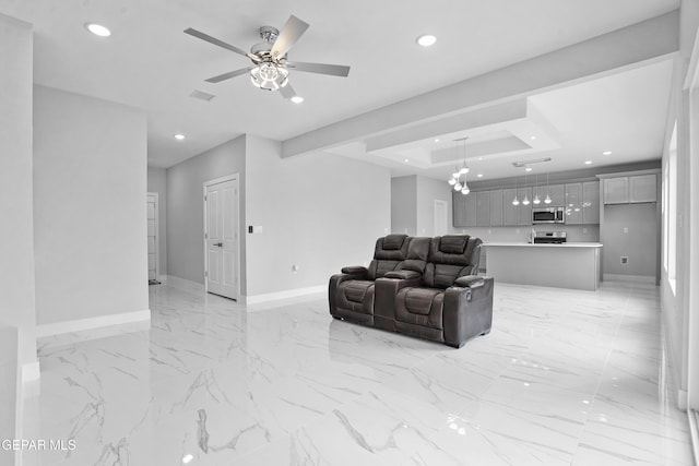 478 Sylvia Ct, Socorro, TX 79927 - living area featuring a tray ceiling, recessed lighting, ceiling fan, and light marble finish flooring