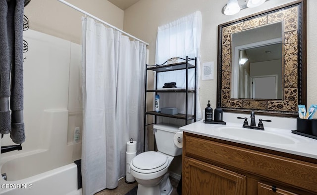 bathroom featuring vanity, shower / bath combo with shower curtain, visible vents, and toilet