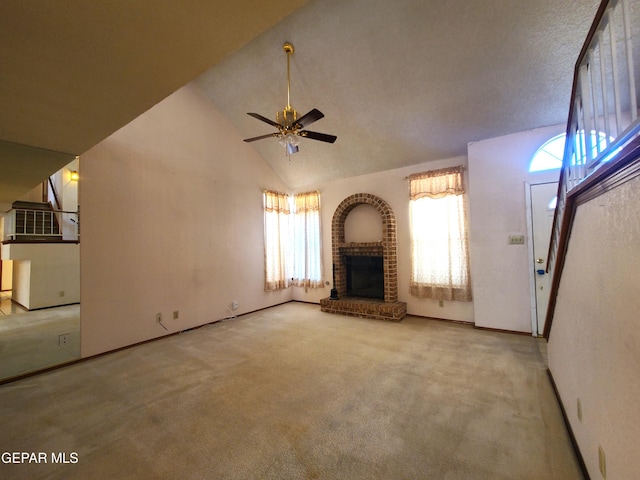 10812 Sandy Koufax Dr, El Paso, TX 79924 - unfurnished living room featuring carpet flooring, ceiling fan, baseboards, and high vaulted ceiling