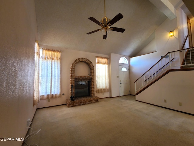 10812 Sandy Koufax Dr, El Paso, TX 79924 - unfurnished living room with carpet flooring, ceiling fan, a healthy amount of sunlight, and stairway