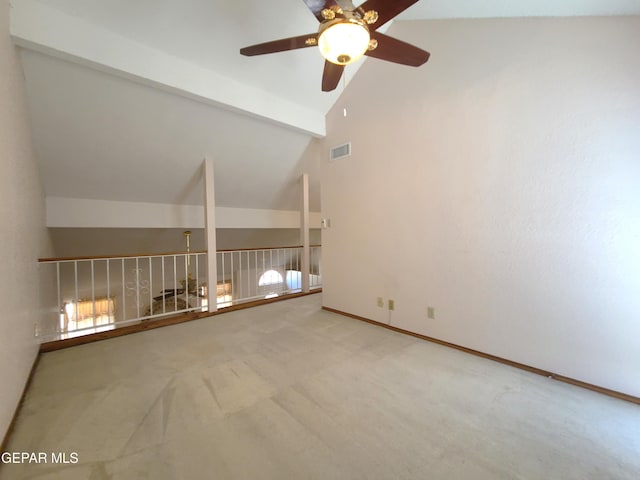 10812 Sandy Koufax Dr, El Paso, TX 79924 - carpeted spare room featuring baseboards, vaulted ceiling with beams, a ceiling fan, and visible vents