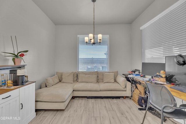 office featuring an inviting chandelier and wood tiled floor