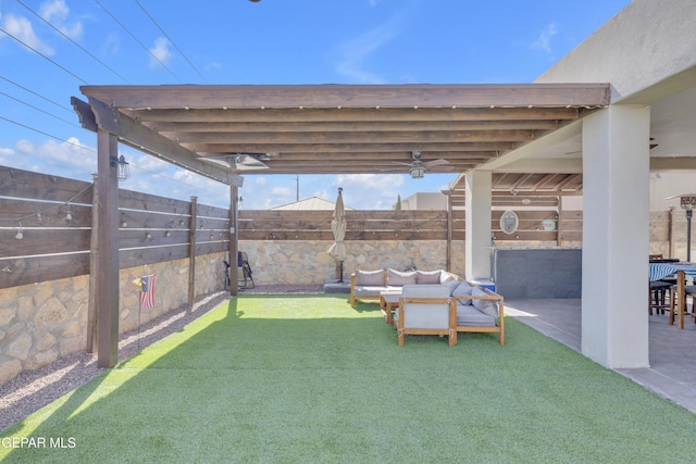 view of yard featuring a fenced backyard, a patio area, and an outdoor hangout area