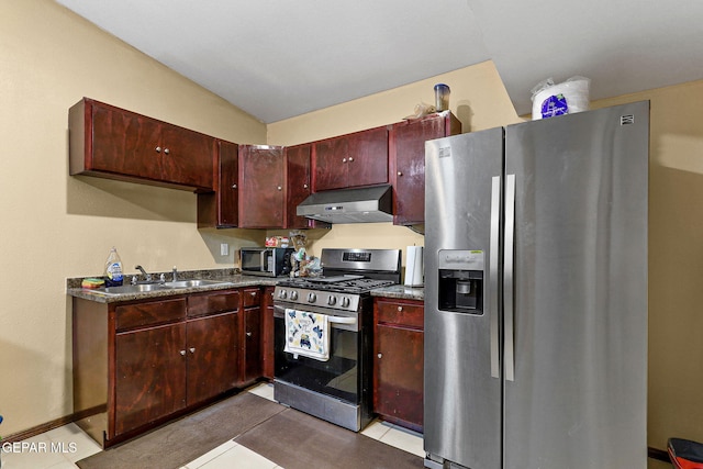 kitchen featuring under cabinet range hood, stainless steel appliances, a sink, and reddish brown cabinets