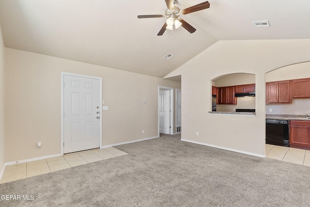 unfurnished living room with light tile patterned floors, light carpet, a ceiling fan, and visible vents