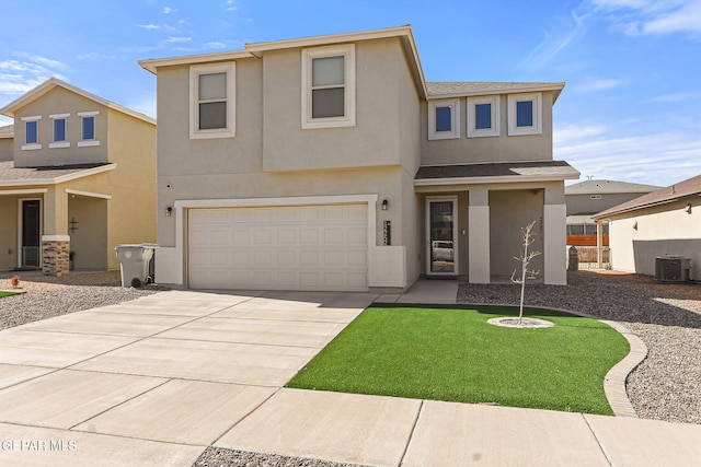view of front of house with a garage, central air condition unit, stucco siding, and driveway