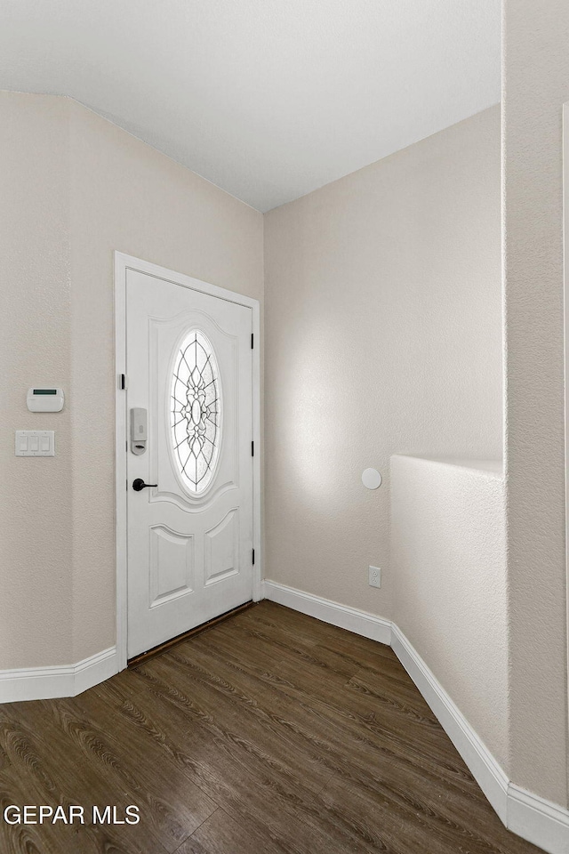 foyer with baseboards and dark wood-type flooring