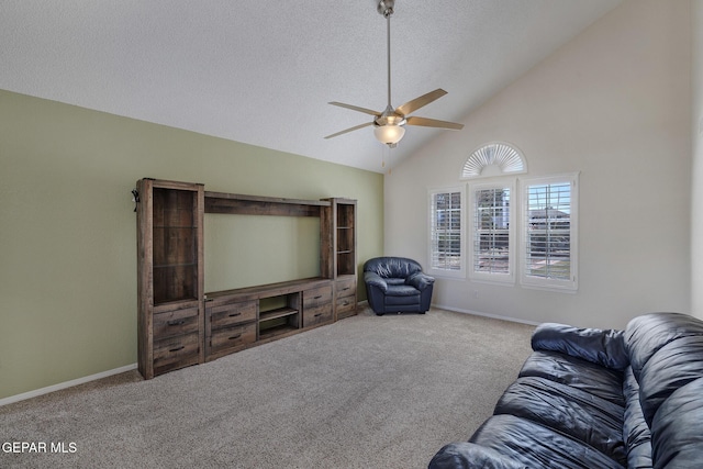 carpeted living area featuring baseboards, ceiling fan, high vaulted ceiling, and a textured ceiling