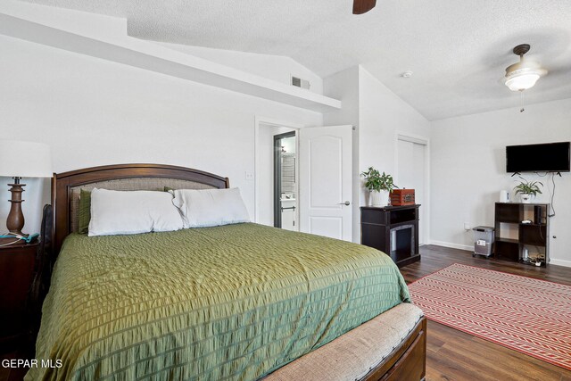 2709 Granite Rock Pl, El Paso, TX 79938 - bedroom with a textured ceiling, a ceiling fan, wood finished floors, and lofted ceiling