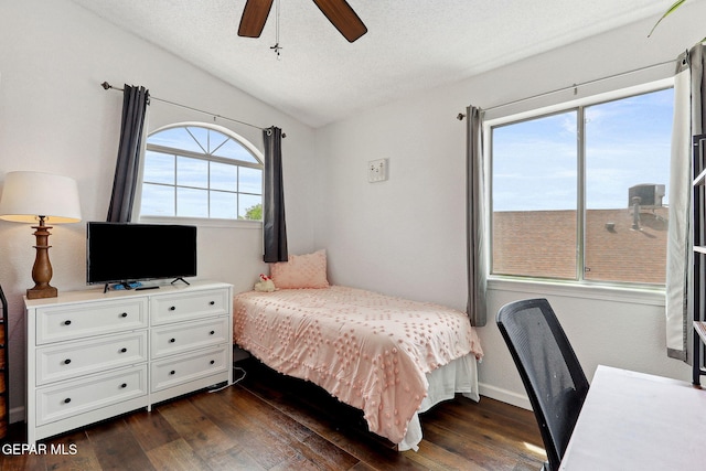 2709 Granite Rock Pl, El Paso, TX 79938 - bedroom with lofted ceiling, baseboards, dark wood-type flooring, a textured ceiling, and a ceiling fan