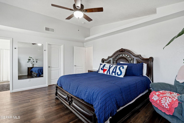 2709 Granite Rock Pl, El Paso, TX 79938 - bedroom with a ceiling fan, vaulted ceiling, wood finished floors, and visible vents