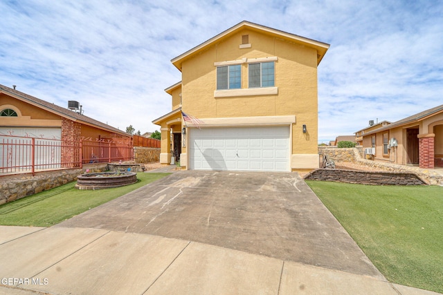 2709 Granite Rock Pl, El Paso, TX 79938 - view of front facade with driveway, a front yard, a garage, fence, and stucco siding