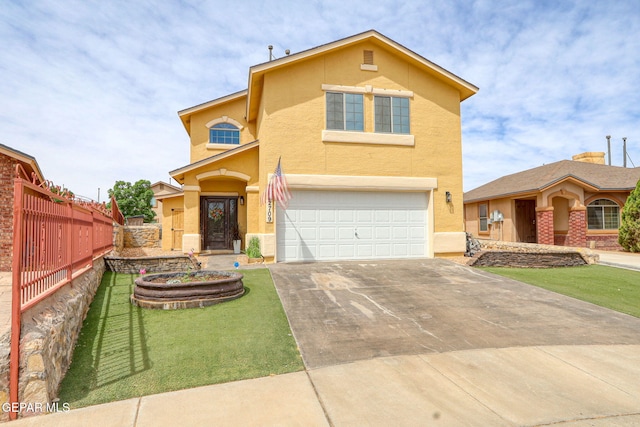 2709 Granite Rock Pl, El Paso, TX 79938 - traditional-style house featuring fence, an attached garage, a front lawn, stucco siding, and driveway