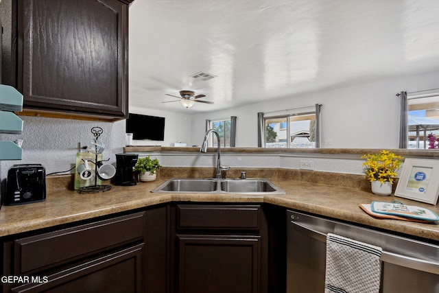 2709 Granite Rock Pl, El Paso, TX 79938 - kitchen featuring dark brown cabinets, plenty of natural light, a sink, and dishwasher