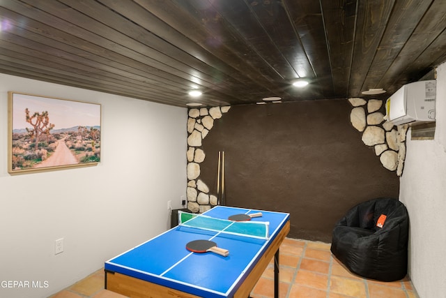 rec room with wooden ceiling, tile patterned flooring, and a wall mounted air conditioner