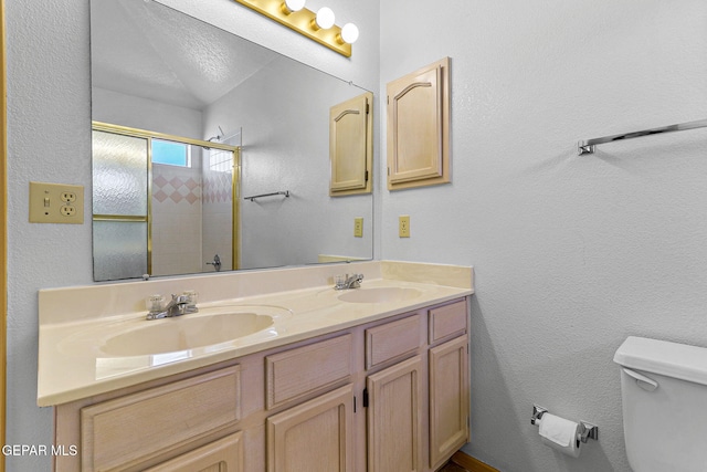 bathroom featuring a shower stall, toilet, a sink, and double vanity