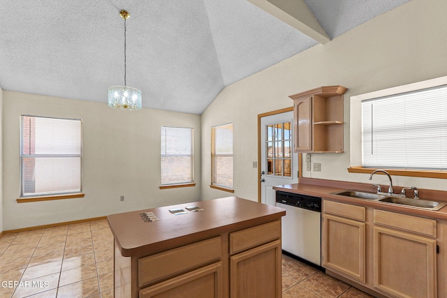 kitchen featuring light tile patterned floors, a sink, a chandelier, dishwasher, and vaulted ceiling
