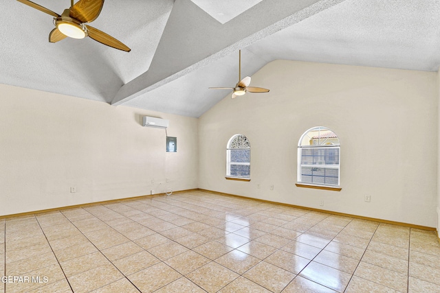 unfurnished room with a textured ceiling, a wall mounted AC, baseboards, and ceiling fan
