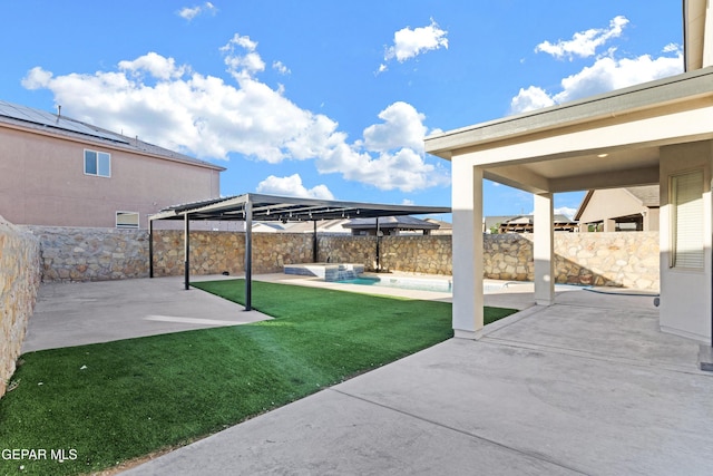 view of yard featuring a fenced backyard, a fenced in pool, a patio area, a gazebo, and an in ground hot tub