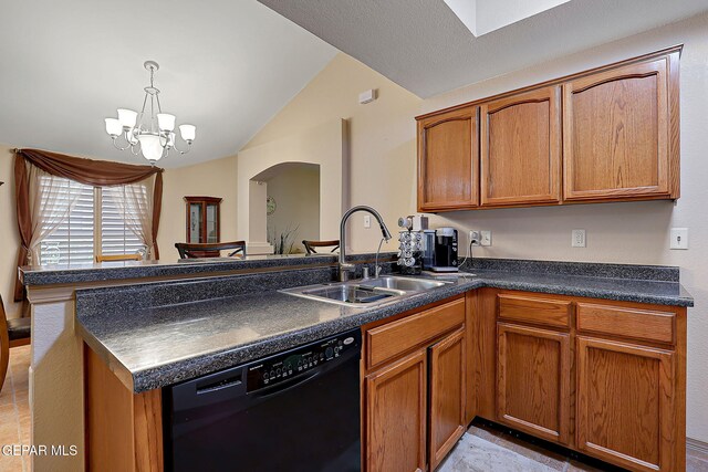 kitchen with arched walkways, vaulted ceiling, dishwasher, a sink, and a peninsula