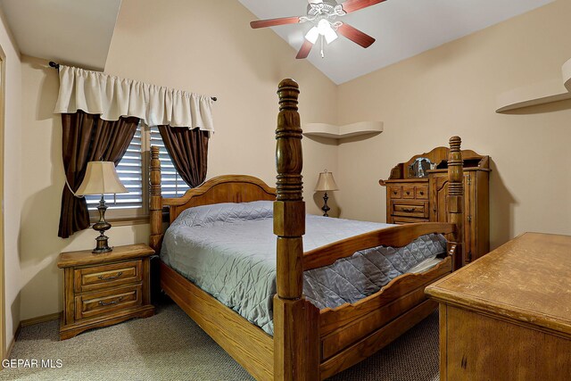 bedroom with baseboards, carpet, a ceiling fan, and lofted ceiling