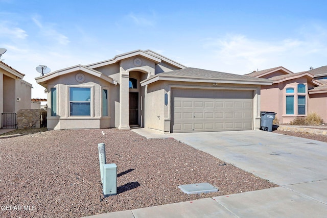 ranch-style home with an attached garage, driveway, and stucco siding