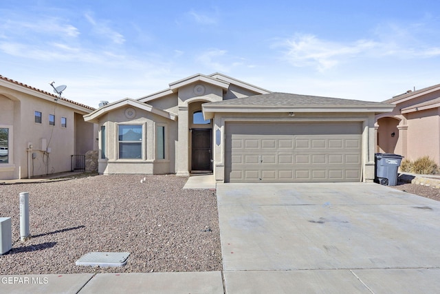 single story home with a garage, stucco siding, and driveway