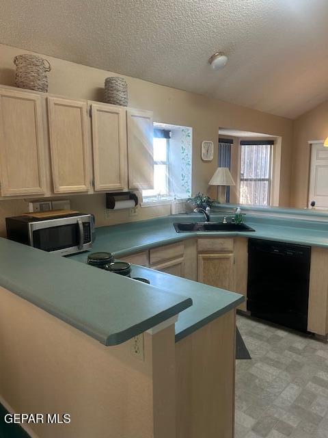 kitchen featuring a peninsula, stainless steel microwave, a sink, and dishwasher