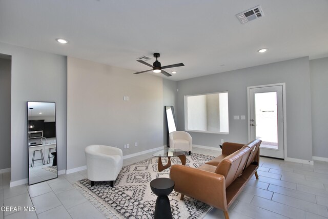 15237 Gauge Ct, El Paso, TX 79938 - living area with ceiling fan, visible vents, light tile patterned floors, baseboards, and recessed lighting