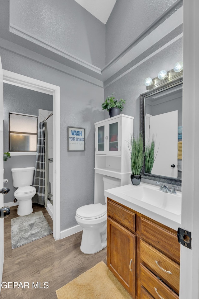 full bath featuring vanity, curtained shower, toilet, and wood finished floors
