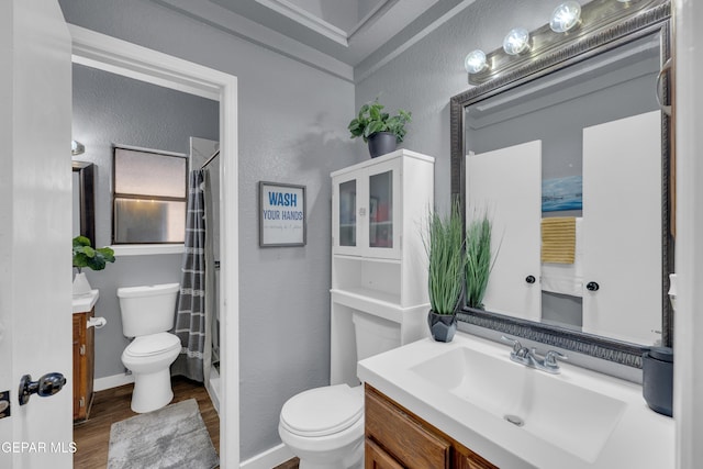 bathroom with toilet, a textured wall, wood finished floors, and vanity