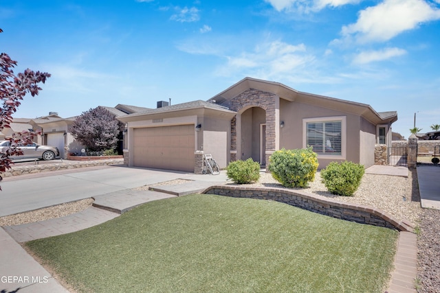 single story home featuring a front yard, stone siding, stucco siding, an attached garage, and driveway