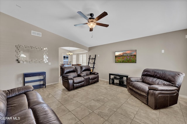living room with visible vents, arched walkways, vaulted ceiling, baseboards, and ceiling fan with notable chandelier
