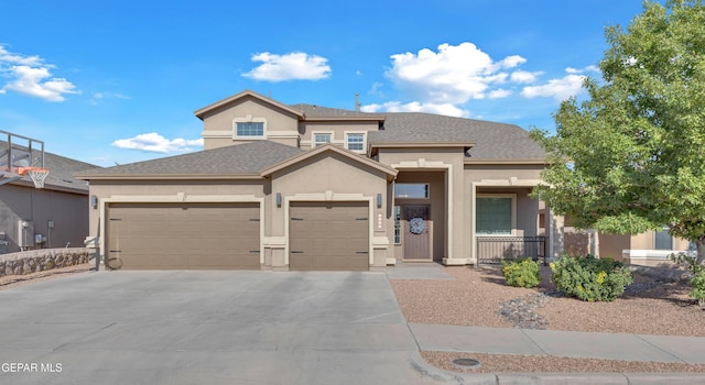 view of front of property featuring a garage, stucco siding, driveway, and roof with shingles