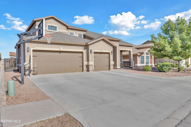 view of front facade with a garage, roof with shingles, stucco siding, and concrete driveway