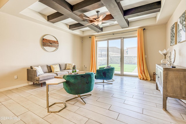 14940 Tierra Escape Ave, El Paso, TX 79938 - living room featuring a ceiling fan, beamed ceiling, and coffered ceiling